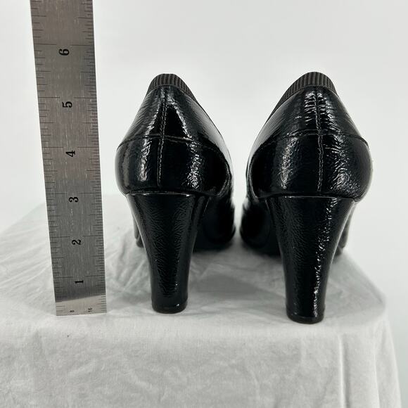VTG 90s y2k Women's Black Leather Aerosoles Benefit Peep Toe Bow Heel Pumps 7.5M - Picture 7 of 8